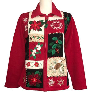 Vintage TIARA INT'L Sz M Women's Red Poinsettia Zip Up Collared Cardigan Sweater